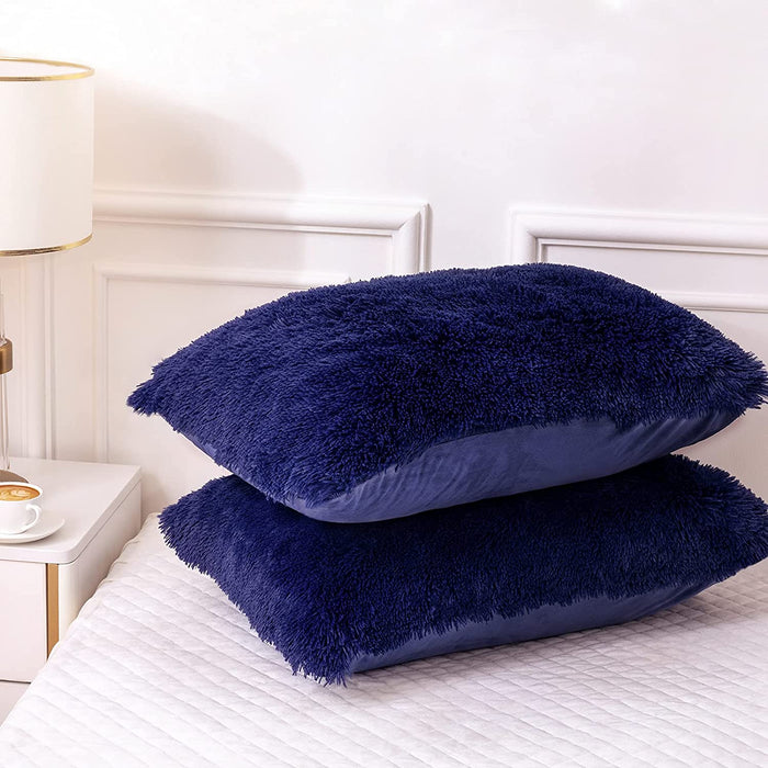 Plush Fluffy Duvet Cover Oeko-Tex Certified Luxury Ultra Soft Shaggy Crystal Velvet Bedding Set 3 Pieces(1 Duvet Cover + 2 Pillow Shams) Zipper Closure(Queen, Navy Blue)