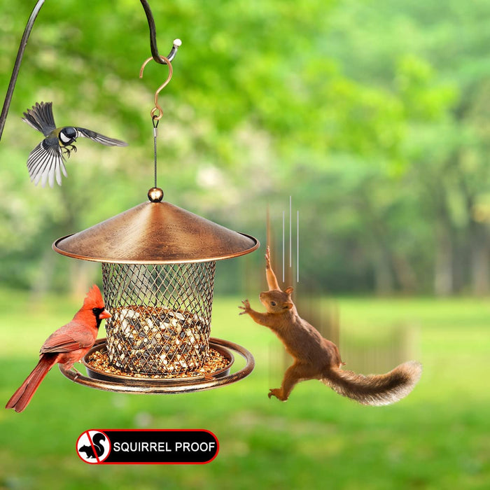 Squirrel Proof Bird Feeders, Cute Lantern Bird Feeder Roof Shaped, Heavy Duty Metal Wild Bird Feeder with Hook for Garden Yard outside Hanging Decor, 2Lbs Capacity - Bronzed