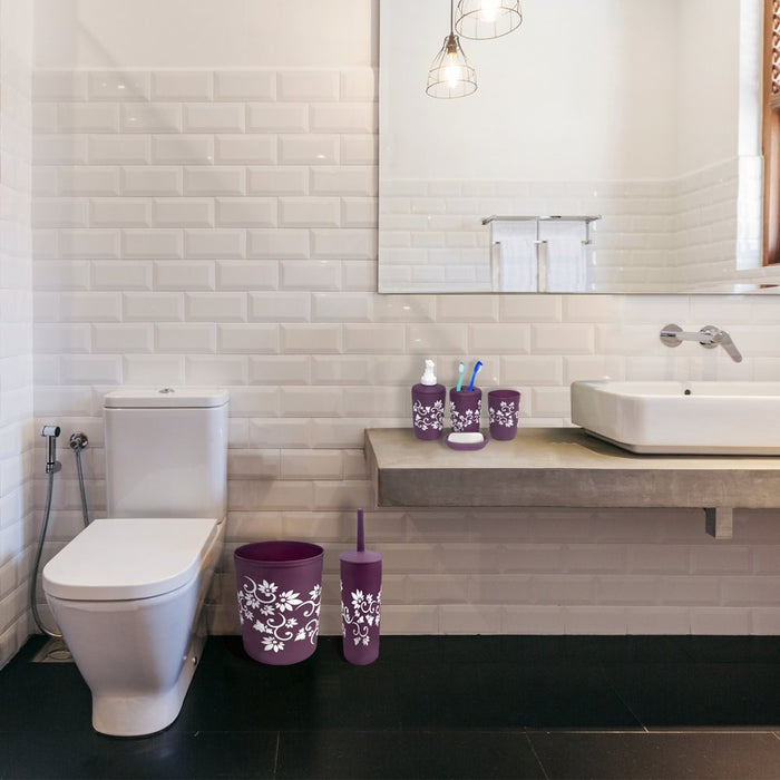 Bathroom Accessories Set Complete, Toilet Brush and Holder, Trash Can, Toothbrush Holder, Purple, 7 Pieces