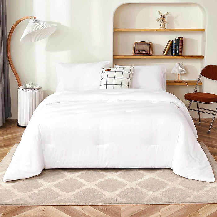 White Comforter Full Size, 3 Pieces Boho Lightweight Solid Bedding Set & Collections, All Season Fluffy Bed Set (79X90In Comforter & 2 Pillowcases)