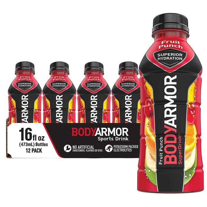 BODYARMOR Sports Drink Sports Beverage, Fruit Punch, Natural Flavors with Vitamins, Potassium-Packed Electrolytes, Perfect for Athletes, 16 Fl Oz (Pack of 12)