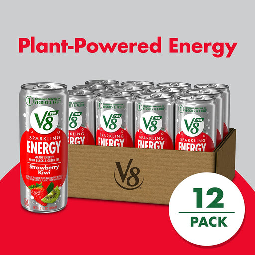 V8 +SPARKLING ENERGY Strawberry Kiwi Energy Drink, Made with Real Vegetable and Fruit Juices, 11.5 FL OZ Can (Pack of 12)