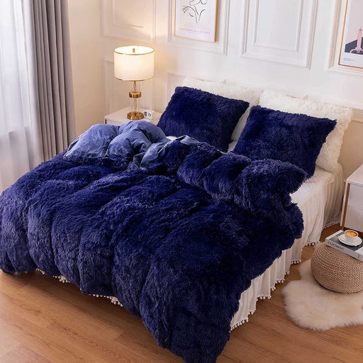 Plush Fluffy Duvet Cover Oeko-Tex Certified Luxury Ultra Soft Shaggy Crystal Velvet Bedding Set 3 Pieces(1 Duvet Cover + 2 Pillow Shams) Zipper Closure(Queen, Navy Blue)
