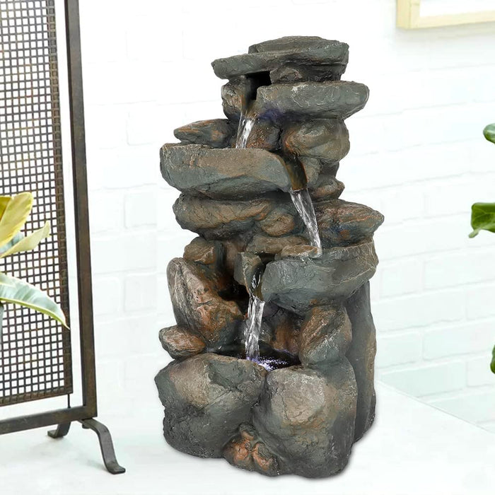 Rockery Tabletop Fountain - 16 H”5-Tier Resin Crafted Stacked Rockery Waterfall Fountain with Light&Cascading Water Stream for Indoor Outdoor, Relaxation Water Feature with Submersible Pump