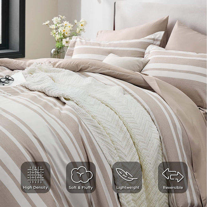 Bedsure Bed in a Bag Full Size 7-Piece Khaki White Striped Bedding Comforter Sets All Season Bed Set, 2 Pillow Shams, Flat Sheet, Fitted Sheet and 2 Pillowcases