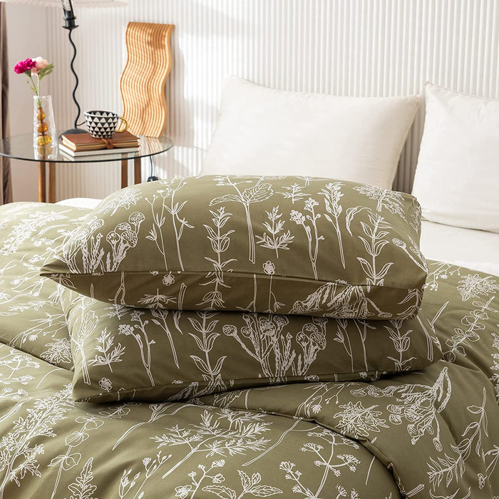 Queen Comforter Sets Olive Green Comforter,3 PCS Bedding Sets Floral Comforter Set Plant Flowers Printed on Green Comforter Set