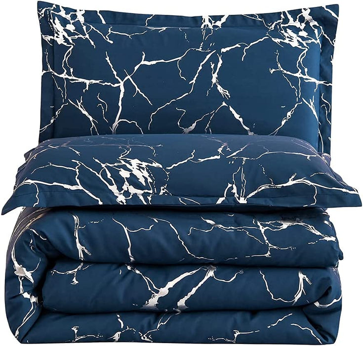 Silver Metallic Marble Comforter Set Queen Size Foil Print Glitter Bedding Set, Navy Blue/Silver