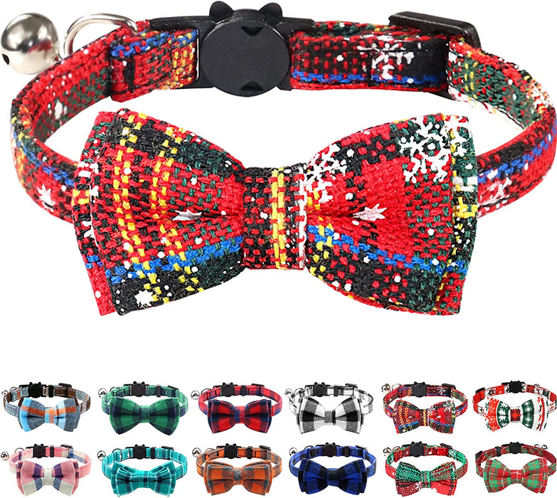 Breakaway Cat Collar with Cute Bow Tie and Bell, Plaid Patterns, 1 Pack Girl Boy Kitty Safety Collars, Blue