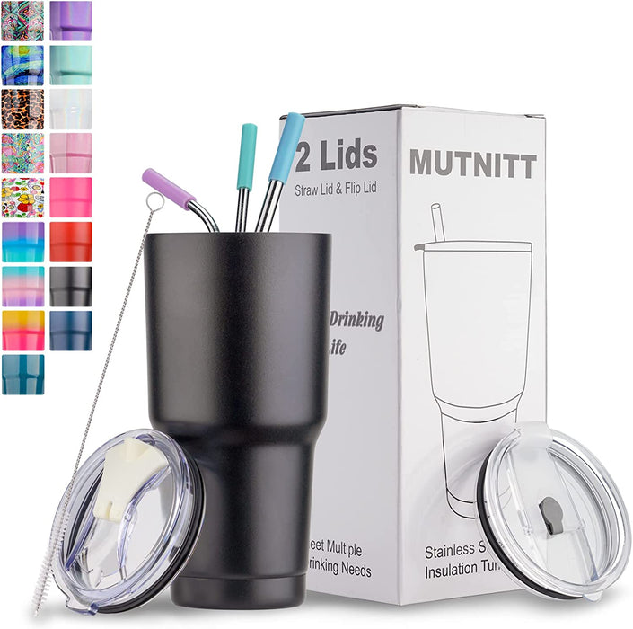 30 Oz Tumbler with Lids and Straws,18/8 Stainless Steel Vacuum Insulated Coffee Tumbler,Insulated Travel Mug Water Cup with Leak-Proof Straw Lid & Flip Lid,3 Metal Straws,1 Cleaning Brush & Gift Box