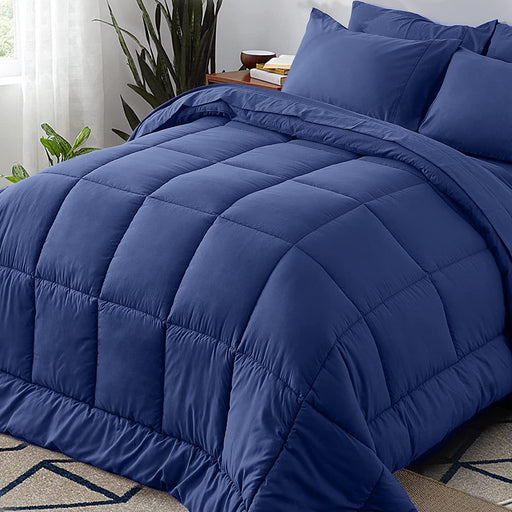 Full Size 7 Pieces Bed in a Bag Bedding Set - Lightweight Blue Comforter Set, All Season Ultra Soft down Alternative Bedding Comforter Set with Comforter, Pillowcase, Flat Sheet, Fitted Sheet