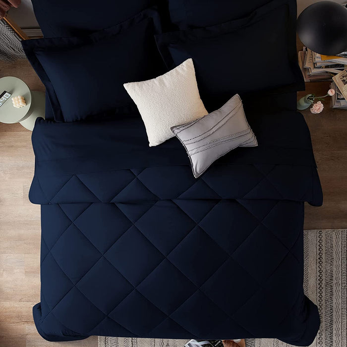 Queen Bed in a Bag 7 Pieces Comforter Set with Comforter and Sheets Navy Blue All Season Bedding Sets with Comforter, Pillow Shams, Flat Sheet, Fitted Sheet and Pillowcases