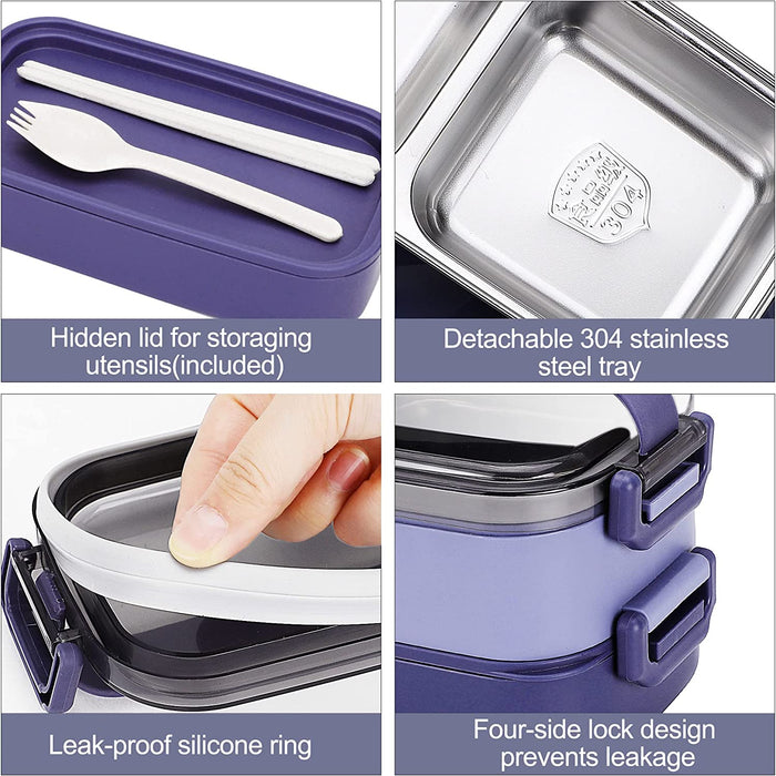 Stainless Steel Bento Box for Adults&Kids,Japanese Leakproof Lunch Box Divided Food Meal Storage Containers Set Stackable 2 Layer for Children School Picnic Blue