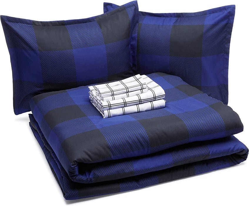 7-Piece Lightweight Microfiber Bed-In-A-Bag Comforter Bedding Set - Full/Queen, Black and Blue Buffalo Plaid
