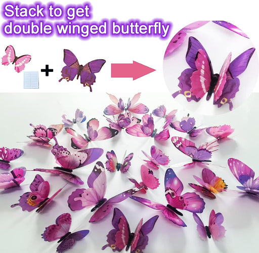 Butterfly Wall Decals 48PCS 3D Butterflies Decor Removable Mural Sticker Wall Art Home Decoration Kid Girl Bedroom Bathroom Baby Room Nursery Classroom Office Party (Pink Purple)