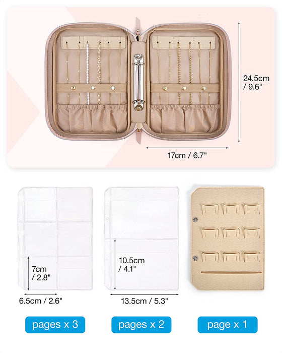 Jewelry Travel Organizer Case Transparent Jewelry Storage Book Ring Binder Jewelry Bags Clear Booklet Zipper Pouch Bag for Necklaces, Earrings, Rings, Bracelets, Pink