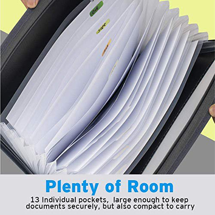 Expanding File Folder with Sticky Labels, 13 Pocket Accordion File Folder Document Organizer Expanding Zip File Folder with Zipper Closure?Letter A4 Paper Document Accordion Folder, Black