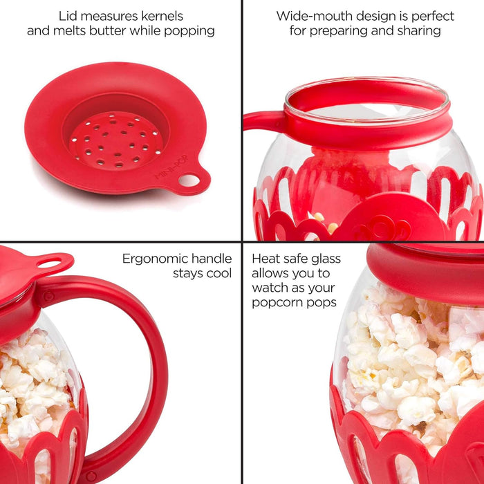 Patented Micro-Pop Microwave Popcorn Popper with Temperature Safe Glass, 3-In-1 Lid Measures Kernels and Melts Butter, Made without BPA, Dishwasher Safe, 1.5-Quart, Red