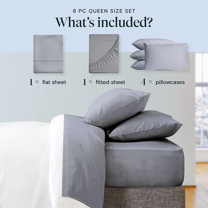 6 PC Sheet Set Bamboo Sheets Deep Pockets 18" Eco Friendly Wrinkle Free Sheets Machine Washable Hotel Bedding Silky Soft - Light Grey Queen
