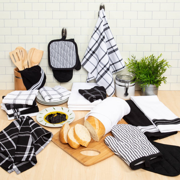 Mainstays, 20 Piece Set, Terry & Flat Kitchen Towel, Dish Cloth, Flour Sack, Oven Mitt, Pot Holder Black