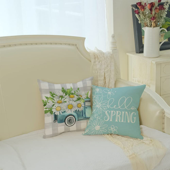 Pillow Covers 18X18 Set of 4 Buffalo Plaid Daisy Truck Bloom Hello Sunshine Spring Pillows Decorative Throw Pillows Light Blue Pillowcase Spring Decorations Farmhouse Decor for Couch Sofa