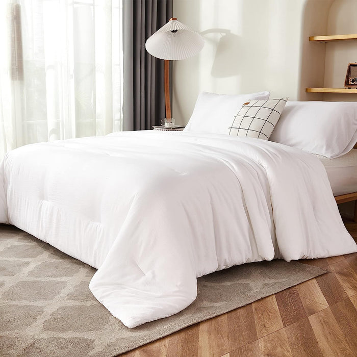 White Comforter Full Size, 3 Pieces Boho Lightweight Solid Bedding Set & Collections, All Season Fluffy Bed Set (79X90In Comforter & 2 Pillowcases)