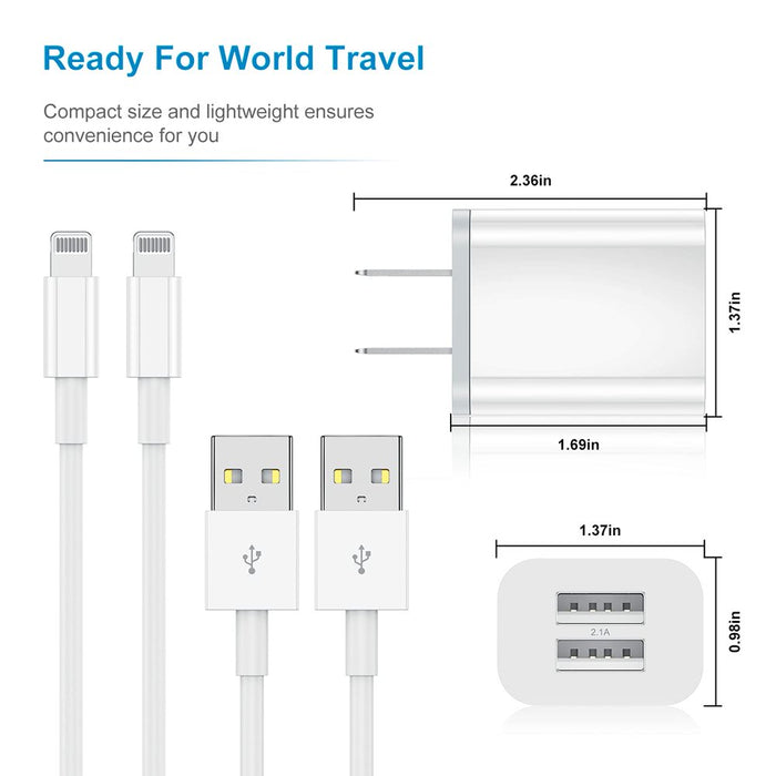 Long Iphone Charger 6Ft, 2Pack [Apple Mfi Certified] Lightning to USB Charging Cable Cord with 2 USB Wall Charger Power Adapter Travel Plug Block for Iphone 13 12 11 Pro XS Max Ipad Case