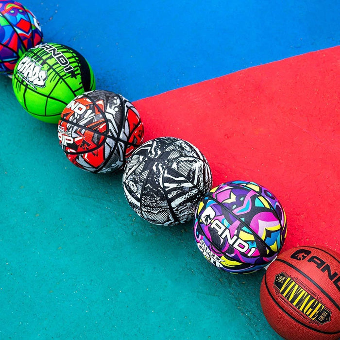 AND1 Graffiti Printed Rubber Basketball- Intermediate Size Streetball (28.5"), Made for Indoor and Outdoor Basketball Games (Mint/Black)