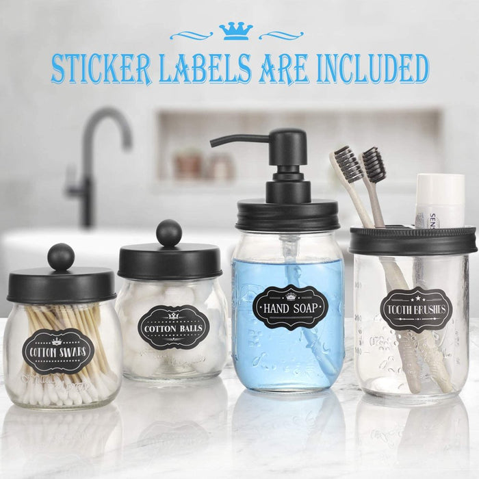 Set of 4 Mason Jar Bathroom Accessories - Clear Mason Jar Soap Dispenser&2 Apothecary Jars & Toothbrush Holder - Bathroom Home Decor Clearance, Countertop Vanity Organizer