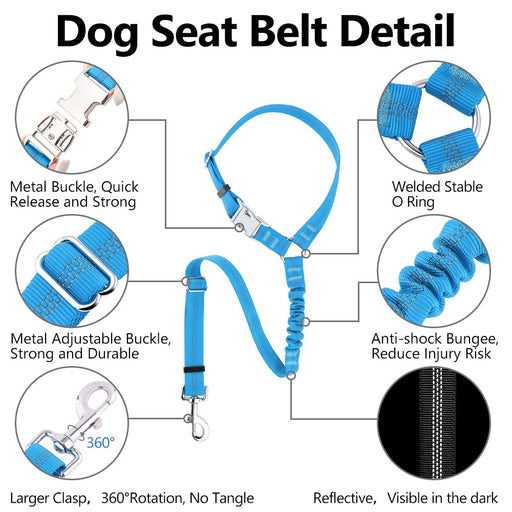 Dog Seat Belt for Car Headrest, Reflective and Adjustable with Bungee for Small Medium Large Dogs and Cats, Blue