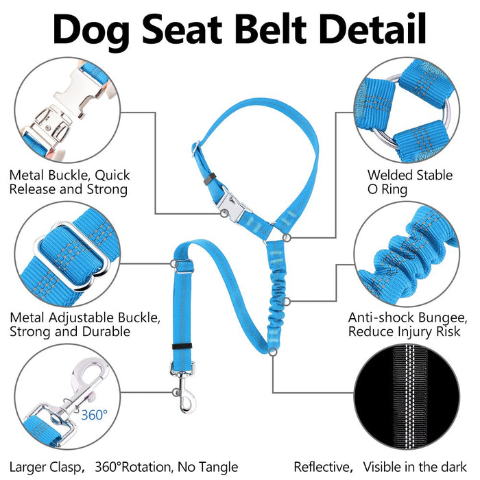 Dog Seat Belt for Car Headrest, Reflective and Adjustable with Bungee for Small Medium Large Dogs and Cats, Blue