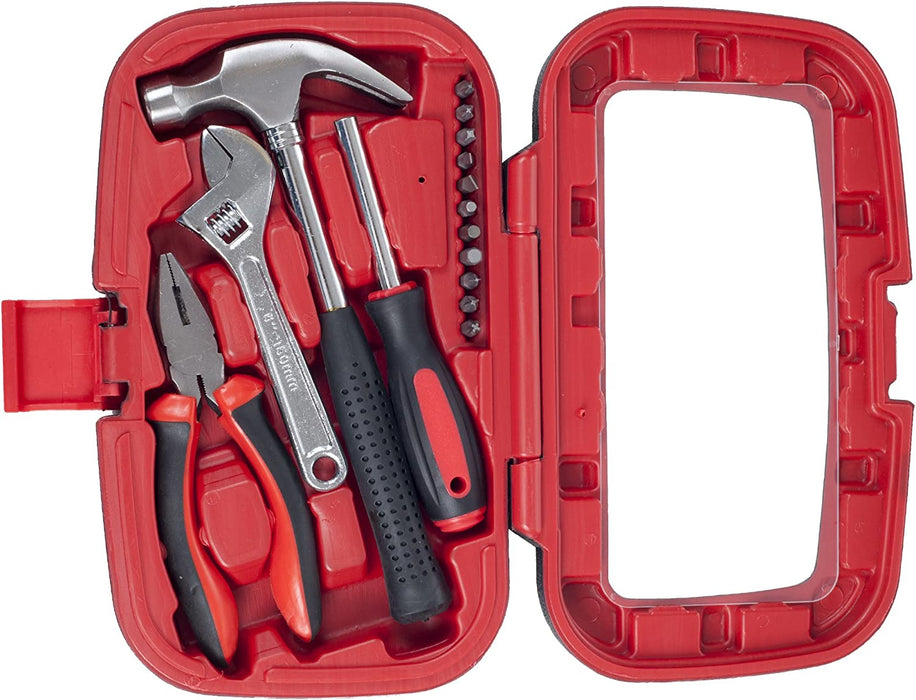 Home Improvement Tool Kit - 15-Piece Household Hand Tools Essentials Set in Durable Plastic Carrying Case for Home, Office, and Car by  (Red)