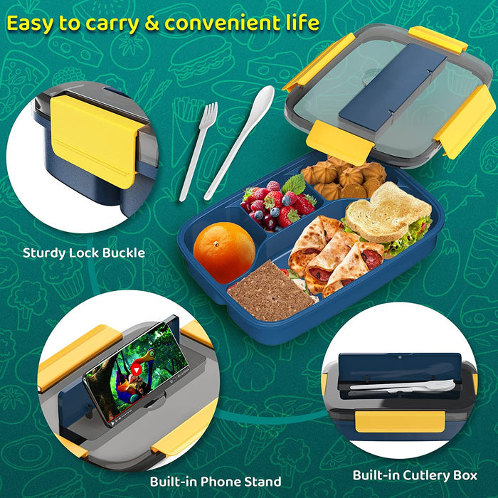 Bento Box Adult Lunch Box, 1200 ML Lunch Box Containers for Kids Childrens with Spoon & Fork, 4 Compartments Portable Food Container with Utensil