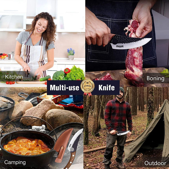 Huusk Viking Knives, Japanese Style Meat Cleaver Knives, Forged Boning Knife with Sheath, High Carbon Steel Chef Knives for Kitchen, Camping or BBQ