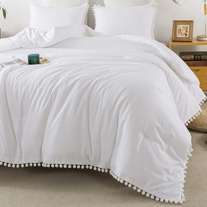 White Pom Pom Fringe Comforter Full(79X90 Inch), 3 Pieces(1 Boho Comforter and 2 Pillowcases) Aesthetic Ball Pom Comforter, Lightweight Soft Microfiber down Alternative Bedding Set