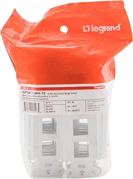 On-Q WP3413WH10 High Impact Flame Retardant Plastic 3-Port Decorator Outlet Strap, White, 10 Count