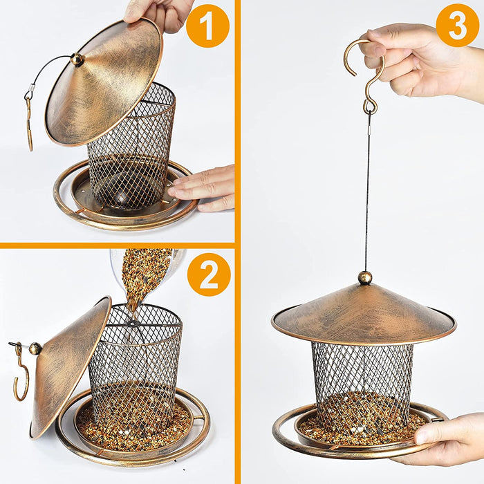 Squirrel Proof Bird Feeders, Cute Lantern Bird Feeder Roof Shaped, Heavy Duty Metal Wild Bird Feeder with Hook for Garden Yard outside Hanging Decor, 2Lbs Capacity - Bronzed