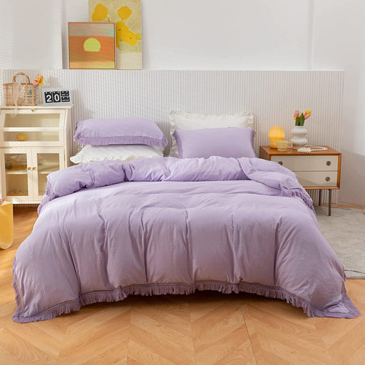 3Pcs Fringe Lavender Purple Tassel Comforter Set Queen Boho Bohemian Cute Soft Tufted Microfiber Bedding Sets Modern Style for Men and Women (1Comforter + 2 Pillowcases)