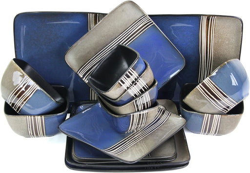 Square Stoneware Loft Collection Dinnerware Dish Set, 16 Piece, Blue and Tan with White Accents