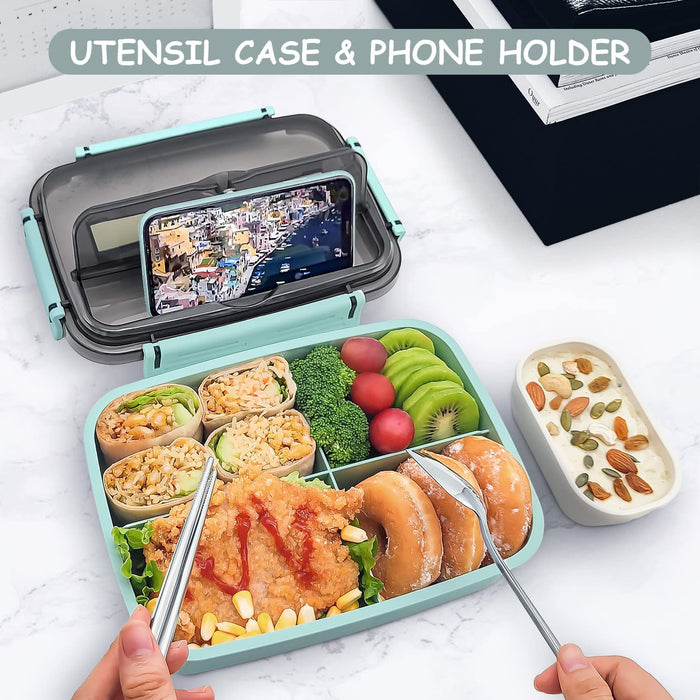 Bento Box Adult Lunch Box, Bento Lunch Box Containers, 50-Oz Bento Box for Kids with Compartments, Sauce Container, Chopsticks and Spork, Green