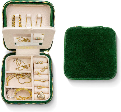 Plush Velvet Travel Jewelry Organizer Box | Travel Jewelry Case Small Jewelry Boxes for Women | Jewelry Travel Organizer, Jewelry Travel Case for Women | Earring Organizer with Mirror - Emerald Velvet