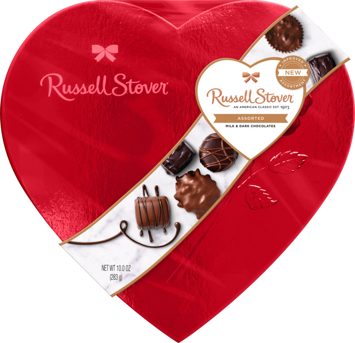 Russell Stover Valentine'S Day Red Foil Heart Assorted Milk & Dark Chocolate Gift Box, 10 Oz. (≈ 17 Pieces)