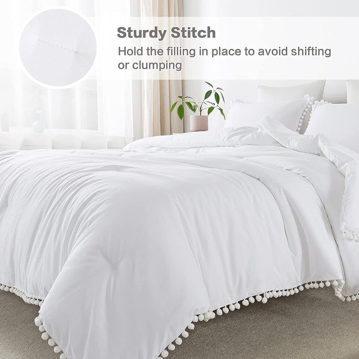 White Pom Pom Fringe Comforter Full(79X90 Inch), 3 Pieces(1 Boho Comforter and 2 Pillowcases) Aesthetic Ball Pom Comforter, Lightweight Soft Microfiber down Alternative Bedding Set