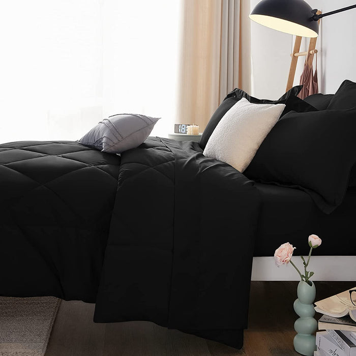 Queen Comforter Set with Sheets 7 Pieces Bed in a Bag Black All Season Bedding Sets with Comforter, Pillow Shams, Flat Sheet, Fitted Sheet and Pillowcases