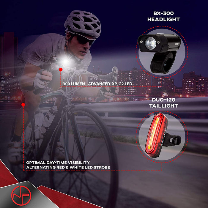 BX-300 Rechargeable Bike Light Set - Powerful Front and Back Lights, Bicycle Accessories for Night Riding, Cycling Safety Best Headlight with USB Tail Rear for Adults Kids Men Women Road Mountain