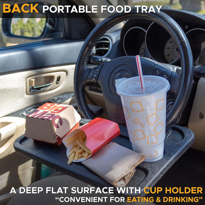 2 in 1 Car Steering Wheel Desk | Steering Wheel Tray for Laptop Car Mount with Pen Holder | Car Food Tray for Eating with Drinks Holder | Multipurpose Travel Car Accessories