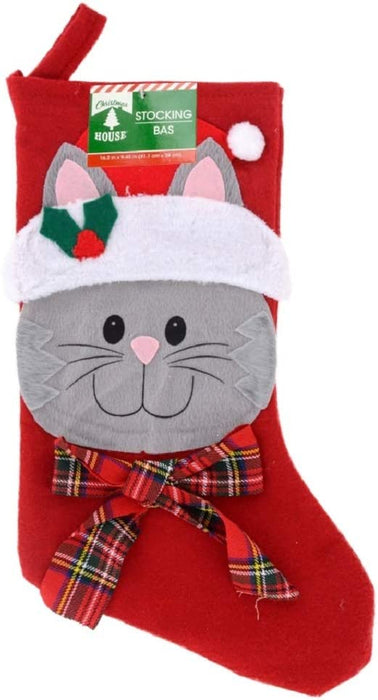 16.5" Pet Holiday Stocking Cat or Dog with Plaid Bow (Cat/Dog, 2)