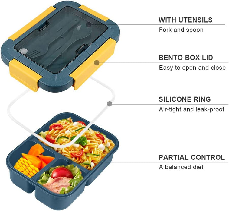 Bento Box, Bento Box for Adults, 49 OZ 3 Compartments Bento Lunch Box with Spoon & Fork, Leakproof Bento Box, Microwave Safe
