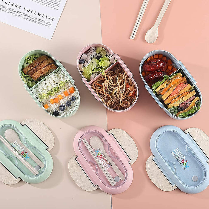 Bento Box, Natural Wheat Safety 1000 ML Lunch Box Leakproof Food Storage Container with Fork Chopsticks, Spoon for Kids Adults, Microwavable, Dishwasher Safe, Pink