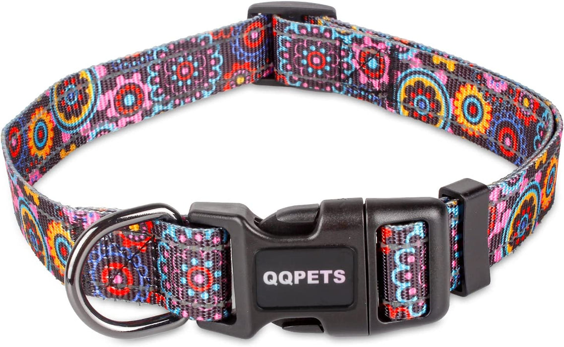 QQPETS Adjustable Soft Dog Collar: Print Flower Pink Multicolor Cute Patterns for XS Small Medium Large Pet Girl Boy Puppy Walking Running Training (M, Bone)