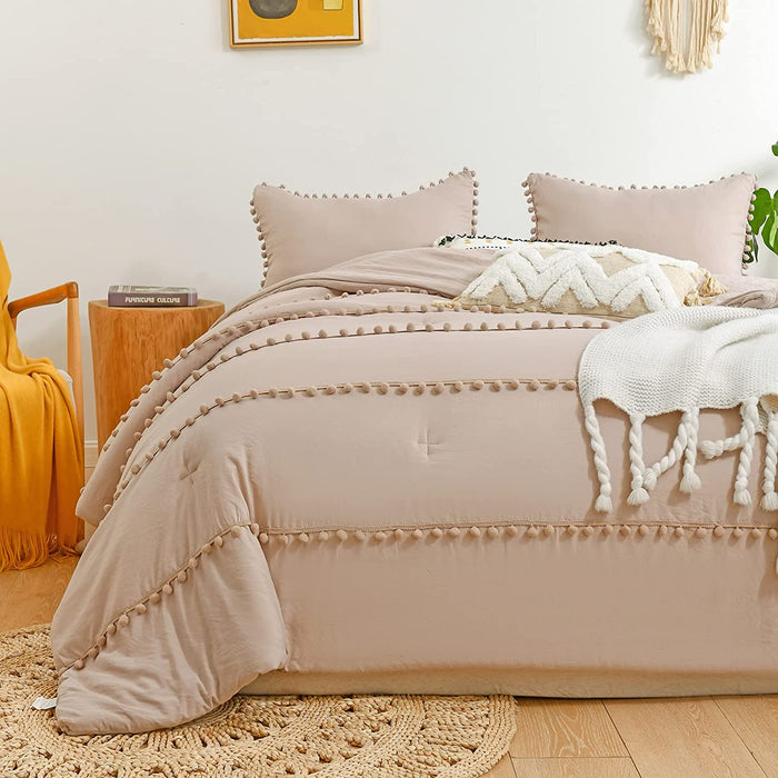 Taupe King Comforter Set Boho Bedding,Pom Pom Bohemian Bed Comforter King Bedding Set Lightweight 3 Pieces